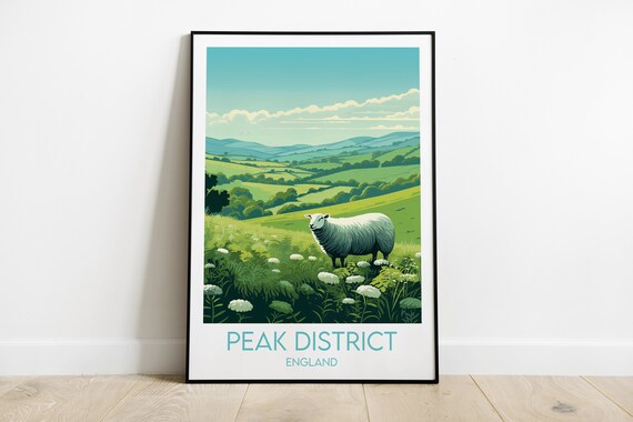 Peak District England Rolling Hills Sheep Vintage Travel Poster