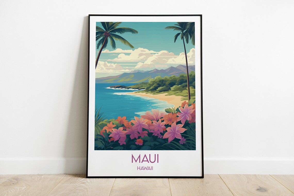 Maui Hawaii Tropical Island Beach Floral Coast Retro Travel Poster