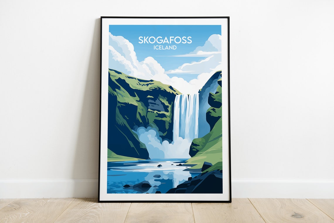 Skogafoss Iceland Falls Dramatic Waterfall Retro Travel Poster
