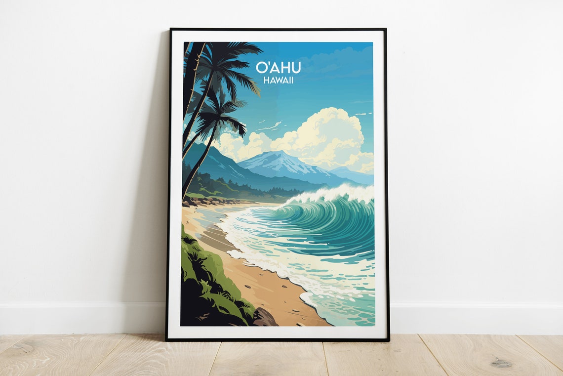Oahu Hawaii Giant Curling Wave Palm Trees Sunset Travel Poster