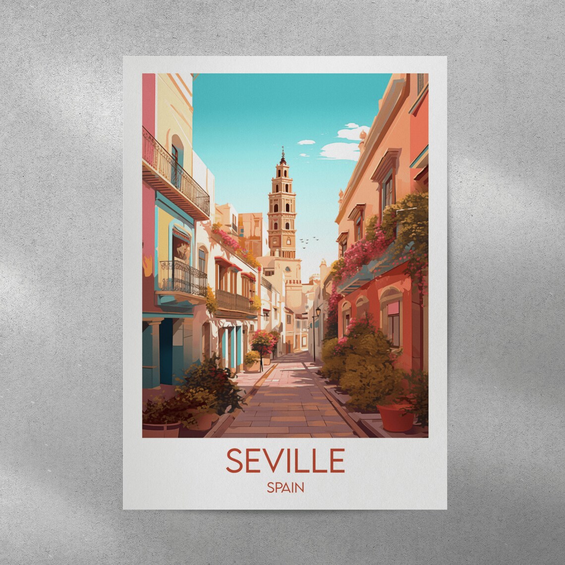 Seville Spain Sunlit Street Bell Tower Bougainvillea Travel Poster - Image 3