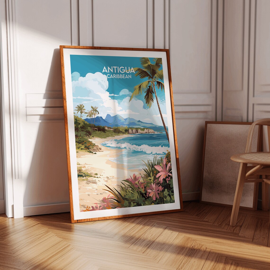 Antigua Caribbean Beach Palm Trees Tropical Coast Travel Poster - Image 3