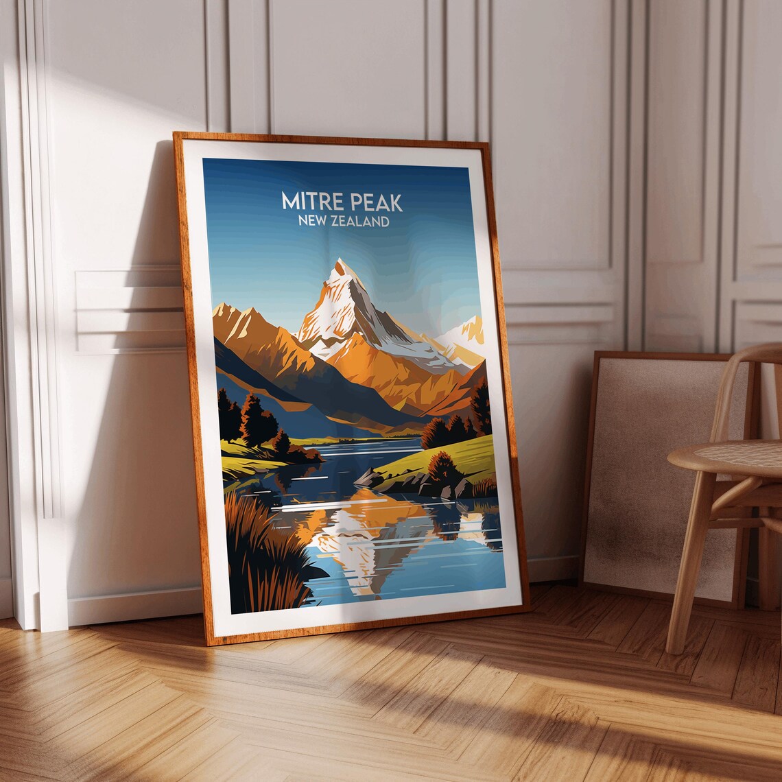 Mitre Peak New Zealand Golden Mountain Lake Reflection Poster - Image 3