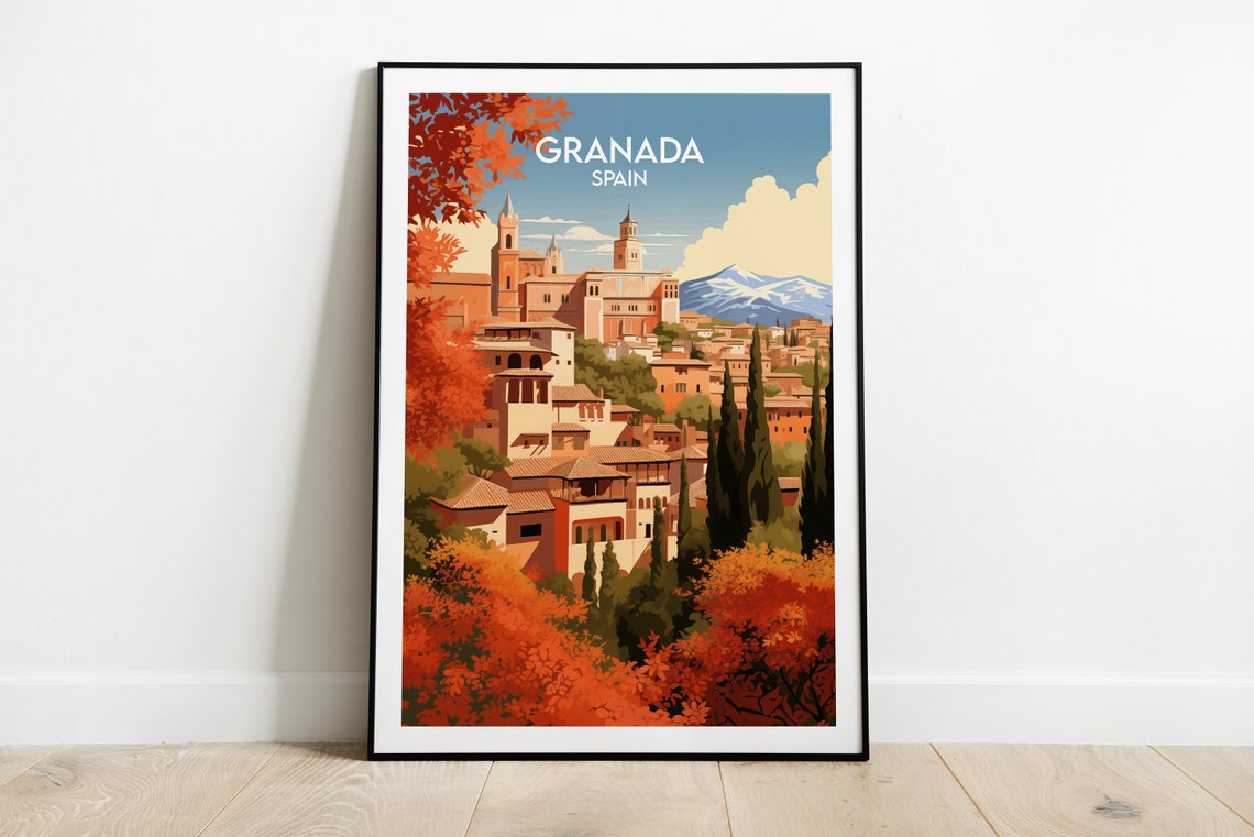 Granada Spain Autumn Cityscape Old Town Cypress Travel Art Poster