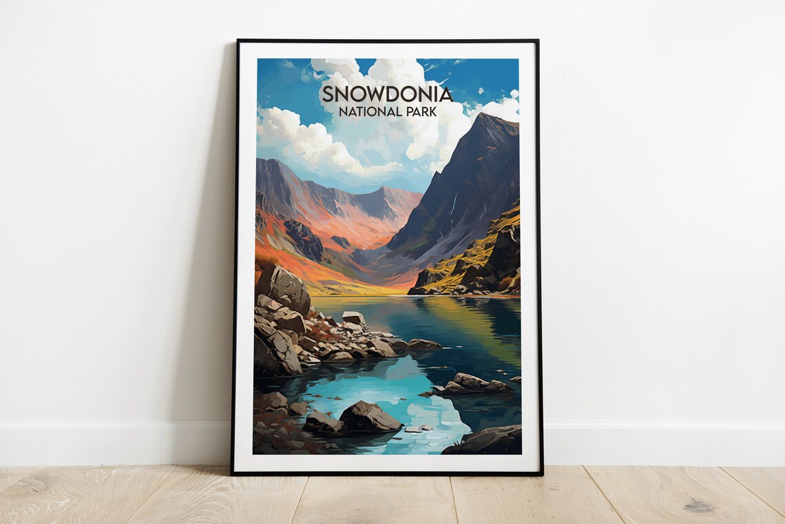 Snowdonia National Park Lake And Peaks Retro Travel Art Poster