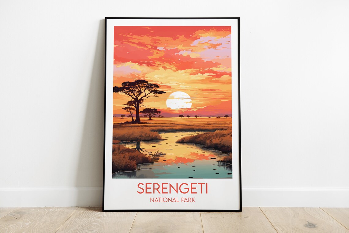 Serengeti National Park Tanzania Safari Sunset Vintage Travel Poster