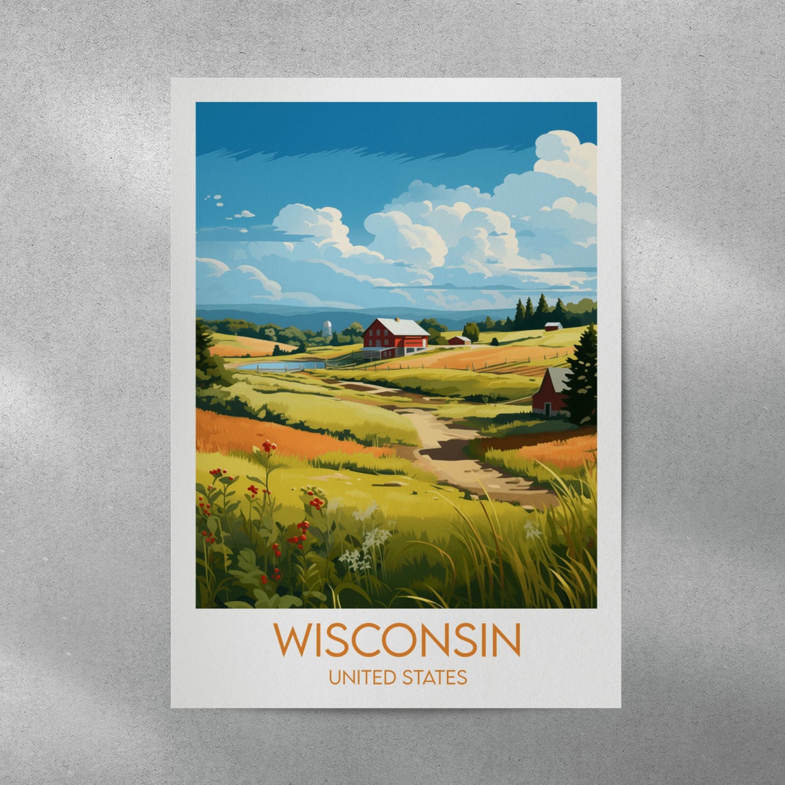 Wisconsin United States Red Barn Farm Fields Vintage Travel Poster - Image 4