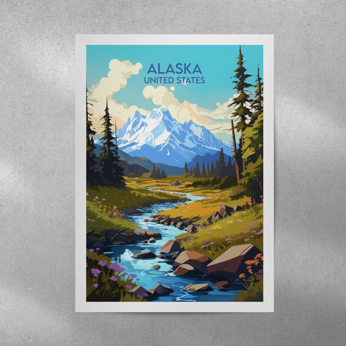 Alaska United States Summer Mountain Stream Meadow Travel Poster - Image 3