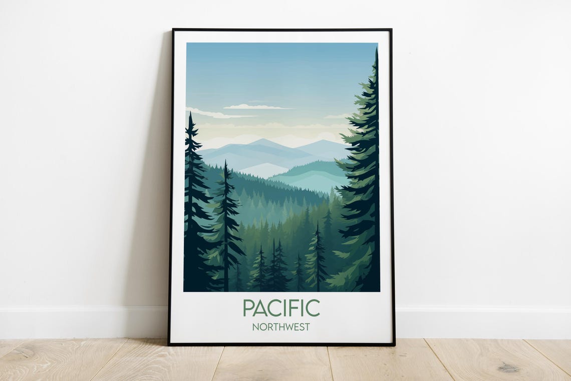 Pacific Northwest Evergreen Mountains Vintage Travel Art Poster