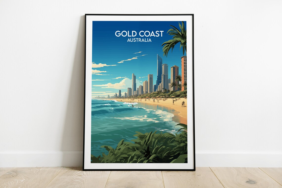Gold Coast Australia Vintage Retro Beach Skyline Travel Poster