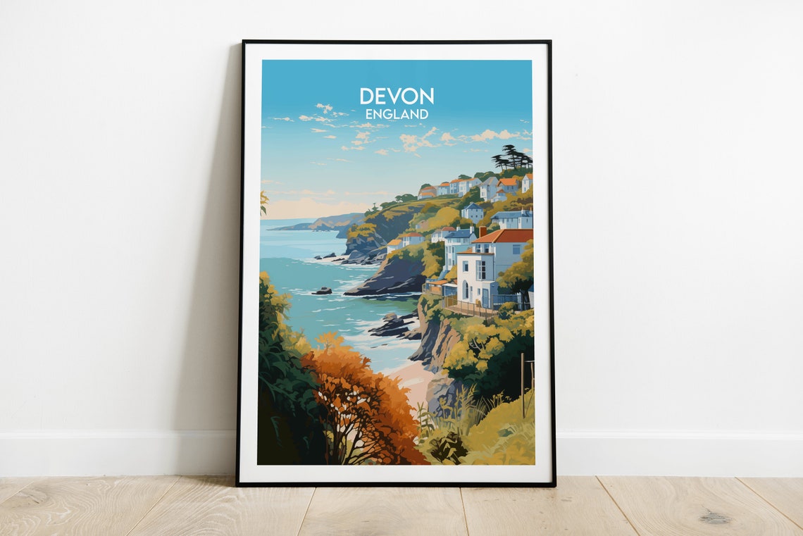 Devon England Clifftop Village Turquoise Sea Coast Travel Poster