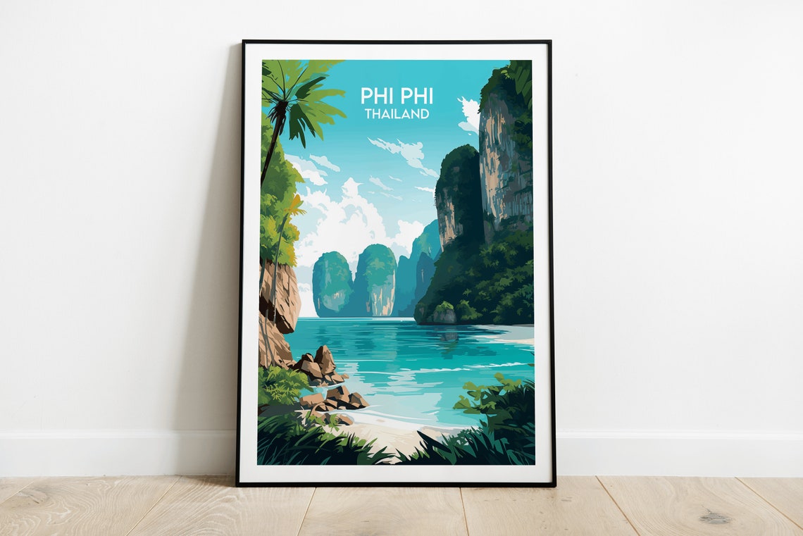 Phi Phi Thailand Turquoise Bay Limestone Cliffs Island Travel Poster