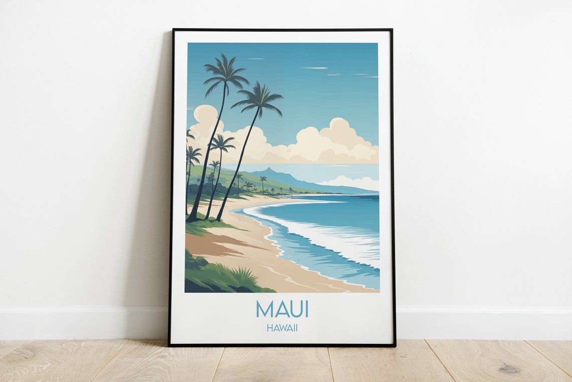 Maui Hawaii Sandy Beach Palm Trees Ocean Waves Surf Travel Poster