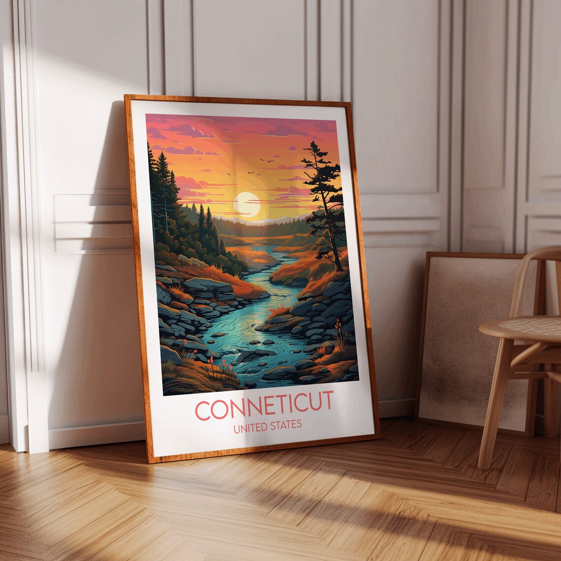 Connecticut United States Forest River Sunset Wilderness Travel Poster - Image 2