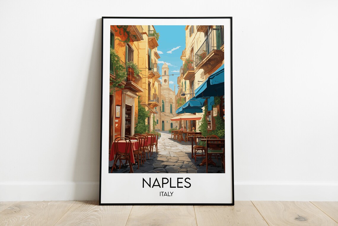 Naples Italy Old Street Cafe Tables Awnings Sunny Alley Travel Poster