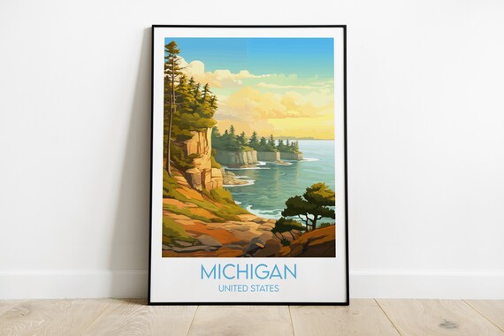 Michigan United States Rocky Coast Pine Cliffs Lakeside Travel Poster