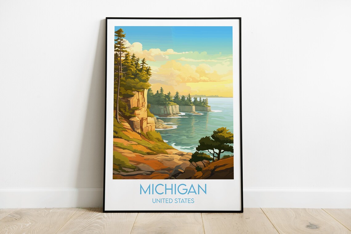 Michigan United States Rocky Coast Pine Cliffs Lakeside Travel Poster