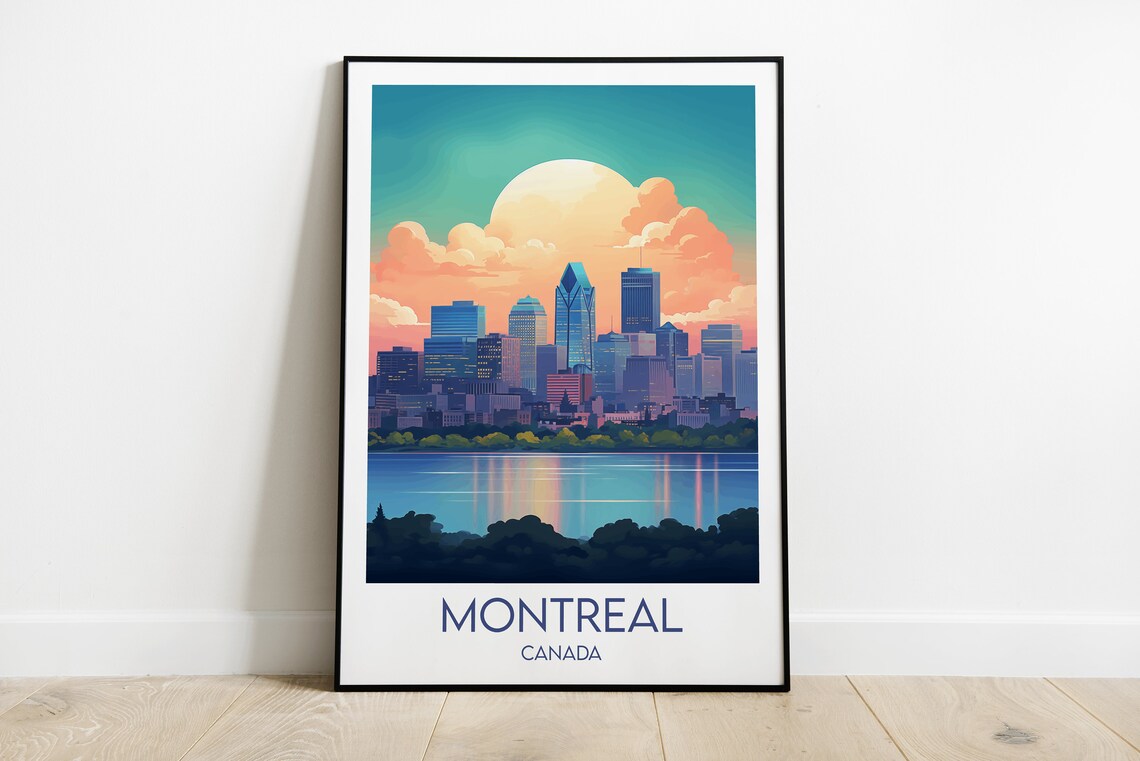 Montreal Canada Downtown Skyline Waterfront Sunset Travel Poster