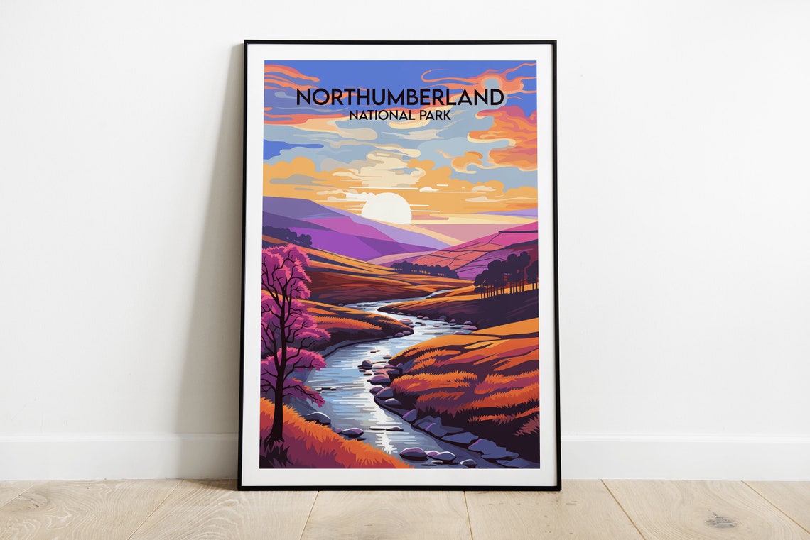 Northumberland National Park River Sunset Vintage Travel Poster