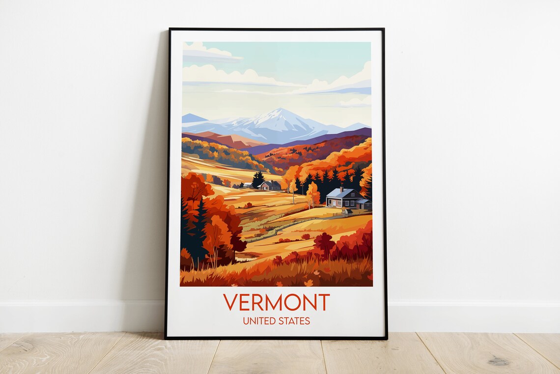 Vermont United States Autumn Foliage Retro Travel Art Poster
