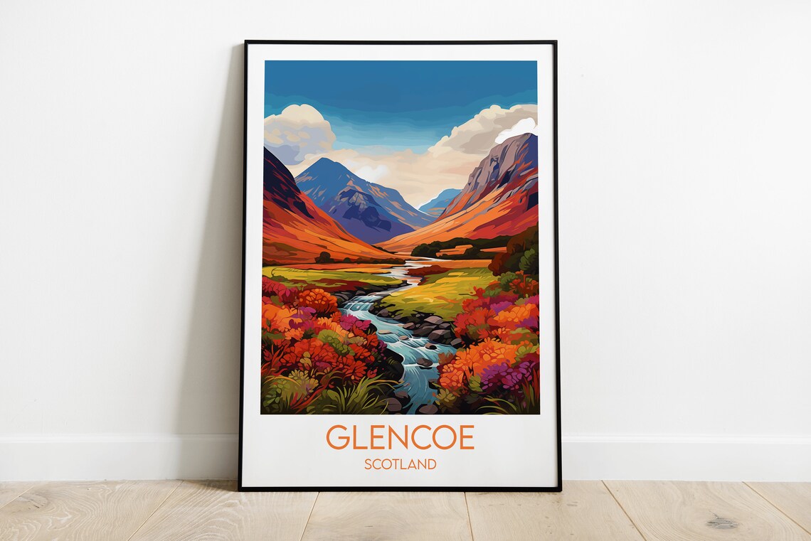Glencoe Scotland Autumn Valley Stream Colorful Travel Poster