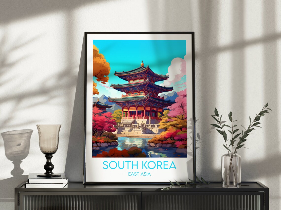 South Korea East Asia Temple Pagoda Pink Blossom Pond Travel Poster - Image 5
