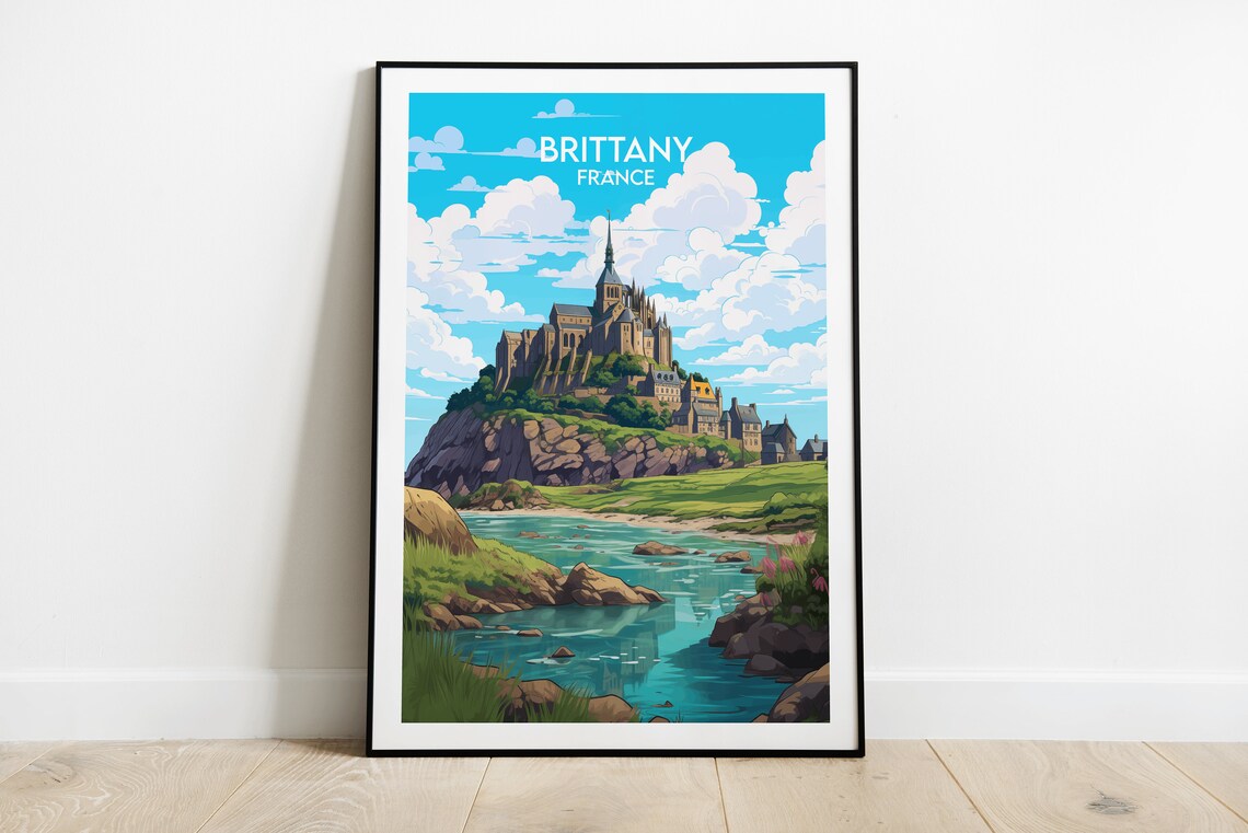 Brittany France Tidal Island Abbey Travel Illustration Poster