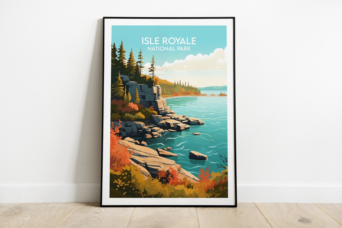 Isle Royale National Park Rocky Shoreline Autumn Vintage Poster