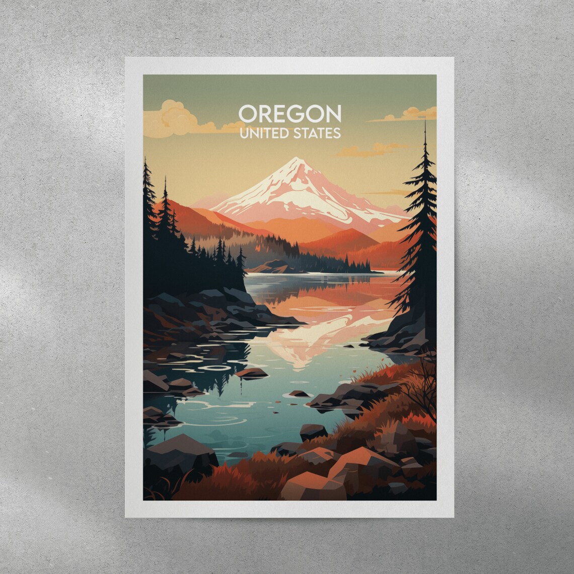 Oregon United States Vintage Mountain Lake Sunset Travel Poster - Image 4