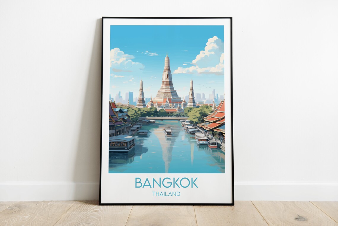 Bangkok Thailand Riverside Temple and Riverboats Retro Travel Poster