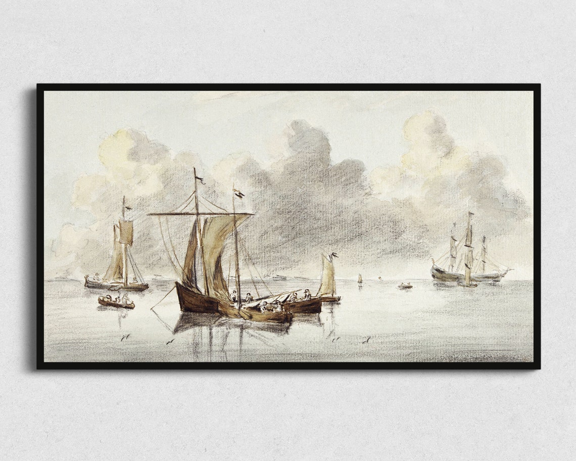 Antique Sailing Ships Harbor Sketch Sepia Ink Wash Art Print