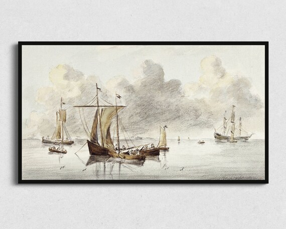 Antique Sailing Ships Harbor Sketch Sepia Ink Wash Art Print