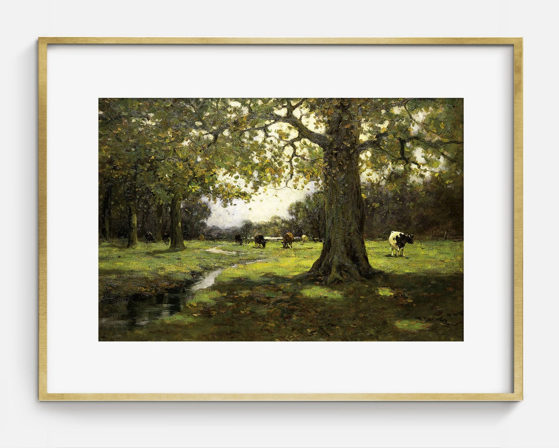 Cows Grazing By Stream Oak Trees Summer Pasture Oil Painting Poster - Image 2