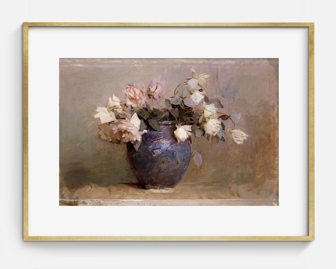 Cream White Roses In Blue Vase Vintage Still Life Oil Painting Poster - Image 2