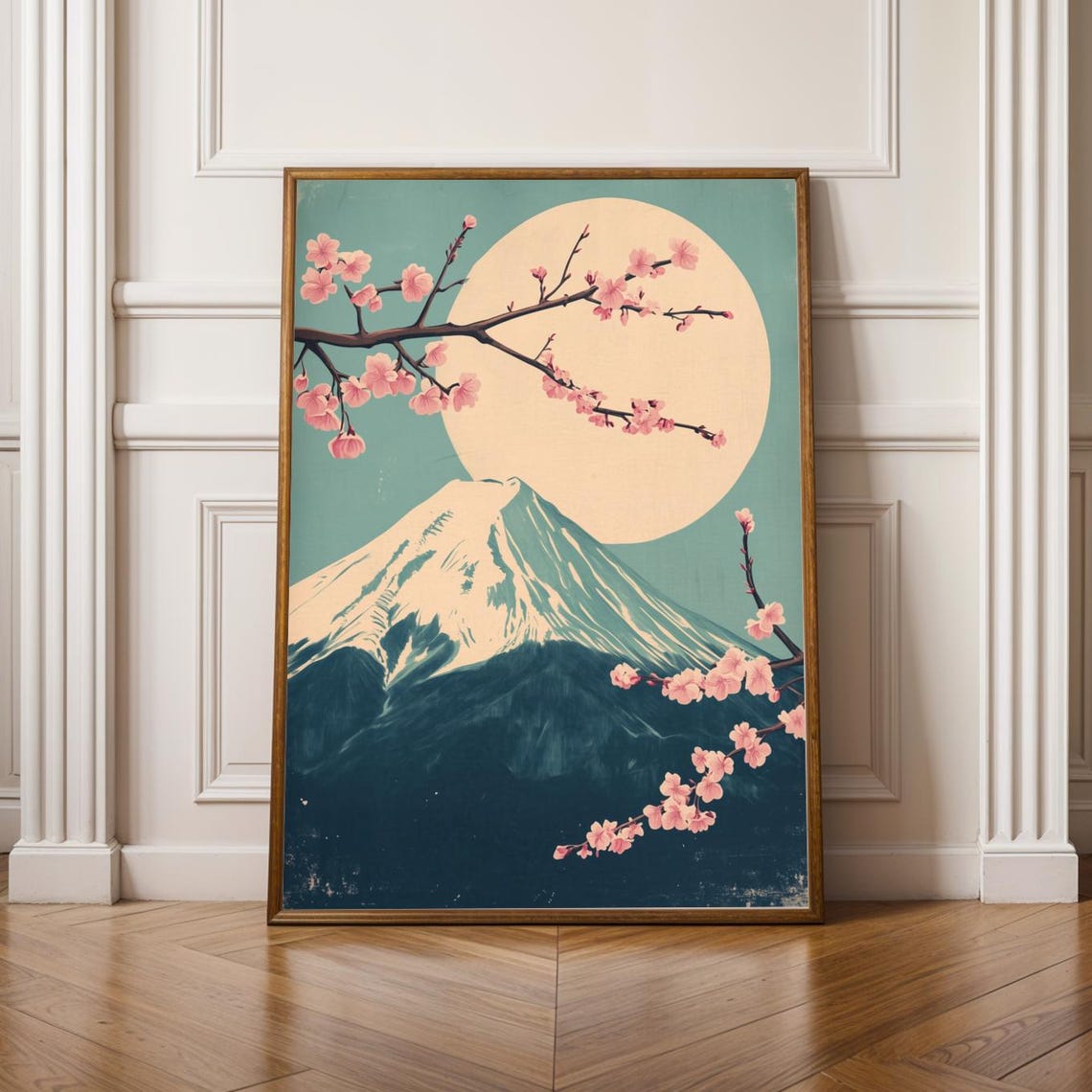 Snow Capped Mount Fuji with Cherry Blossoms Japanese Art Poster