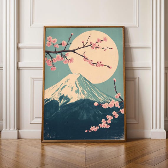 Mount Fuji Cherry Blossoms Art Print Pink Teal Navy Decor Living Room Wall Woodblock Gift For Coworker