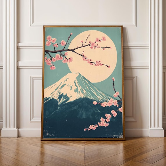 Snow Capped Mount Fuji with Cherry Blossoms Japanese Art Poster