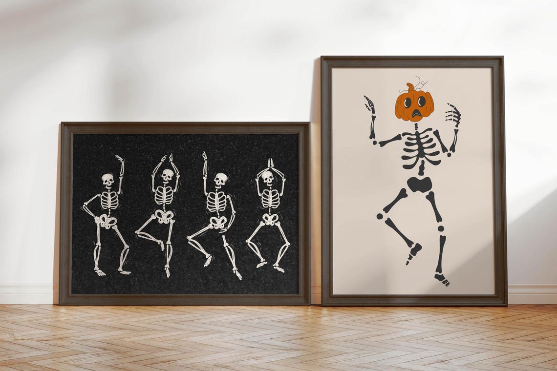 Fun Dancing Skeletons Spooky Halloween Party Black White Poster - Image 4