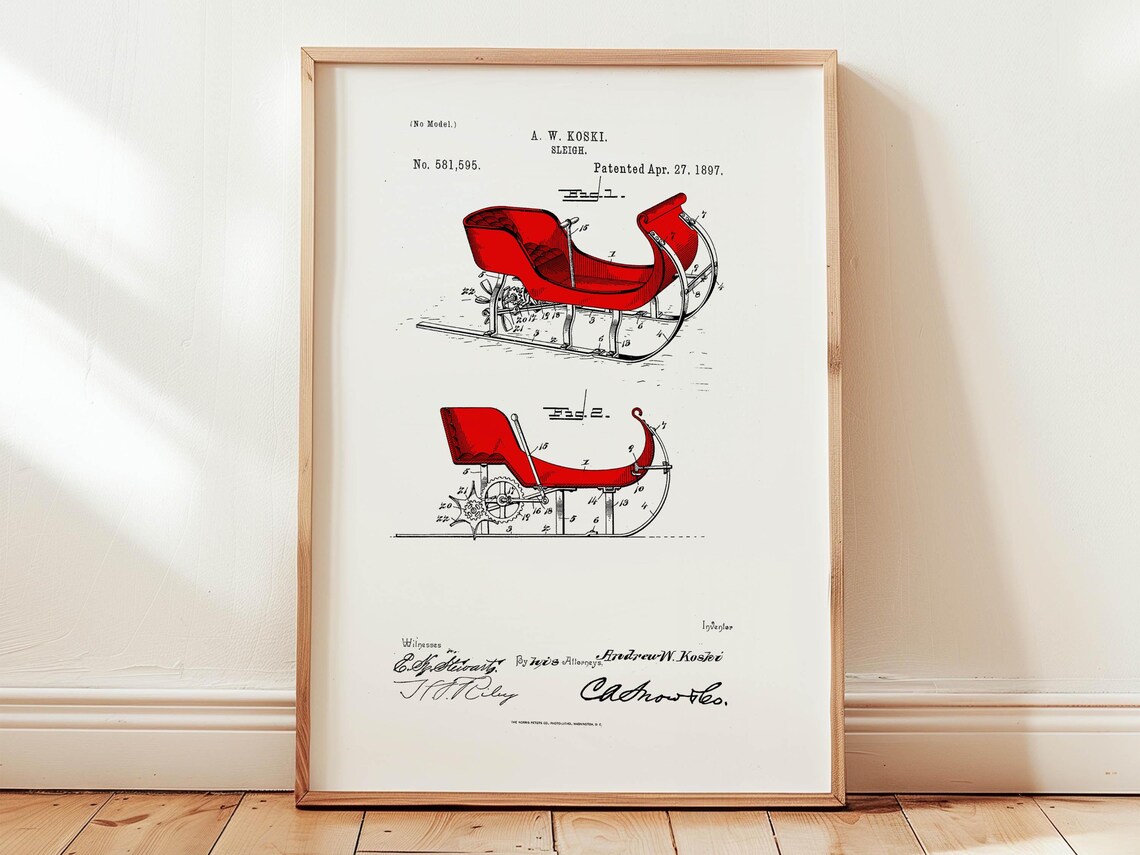 1897 Sleigh Patent Drawing Koski Red Sled Vintage Christmas Poster - Image 2