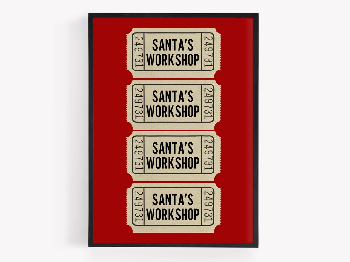 Santas Workshop Vintage Ticket Stub Art Red Christmas Poster - Image 3