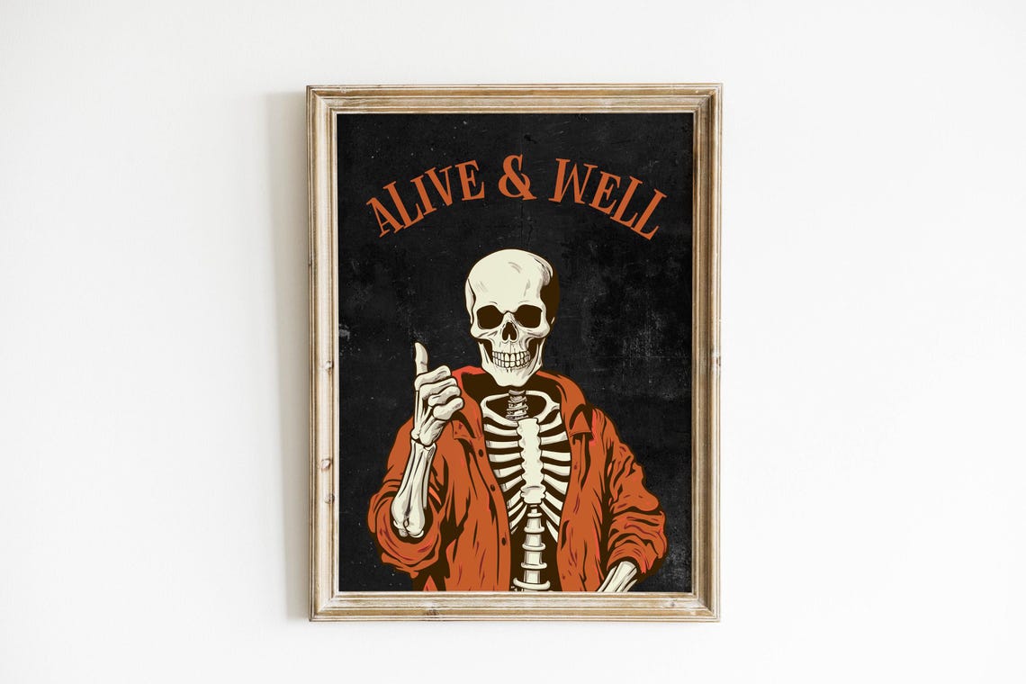 Alive And Well Cool Skeleton In Jacket Retro Halloween Art Poster - Image 6