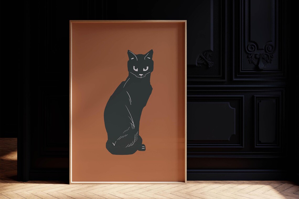 Black Cat Burnt Orange Vintage Illustration Retro Halloween Poster - Image 2