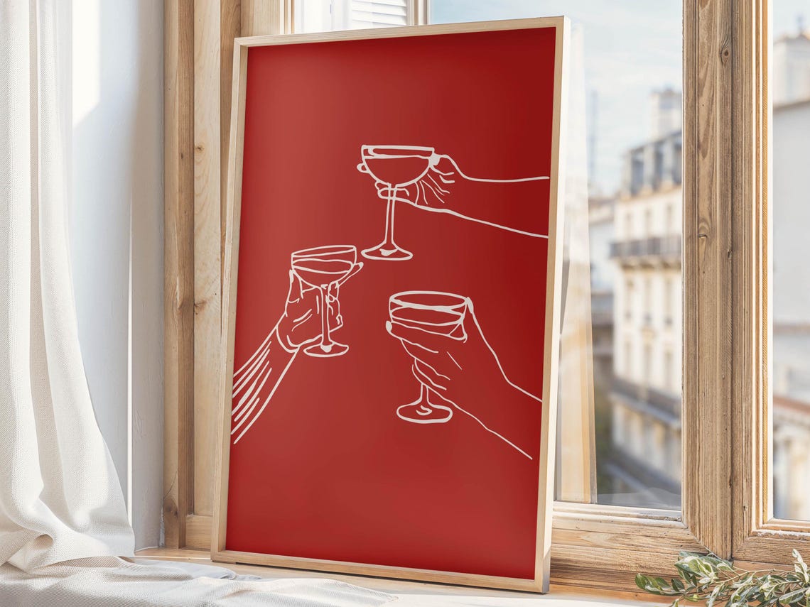 Elegant Cheers Coupe Glasses Toast Minimalist Red Bar Cart Poster - Image 2