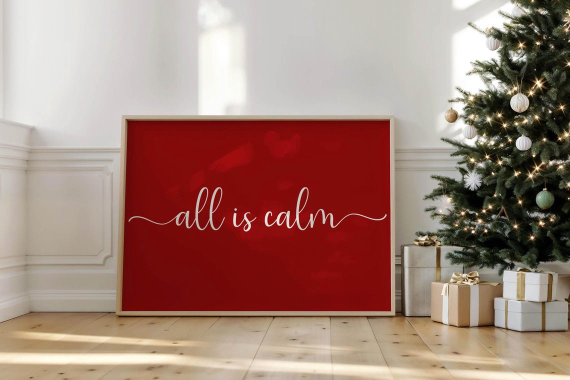 All Is Calm White Calligraphy Minimalist Red Christmas Poster - Image 5