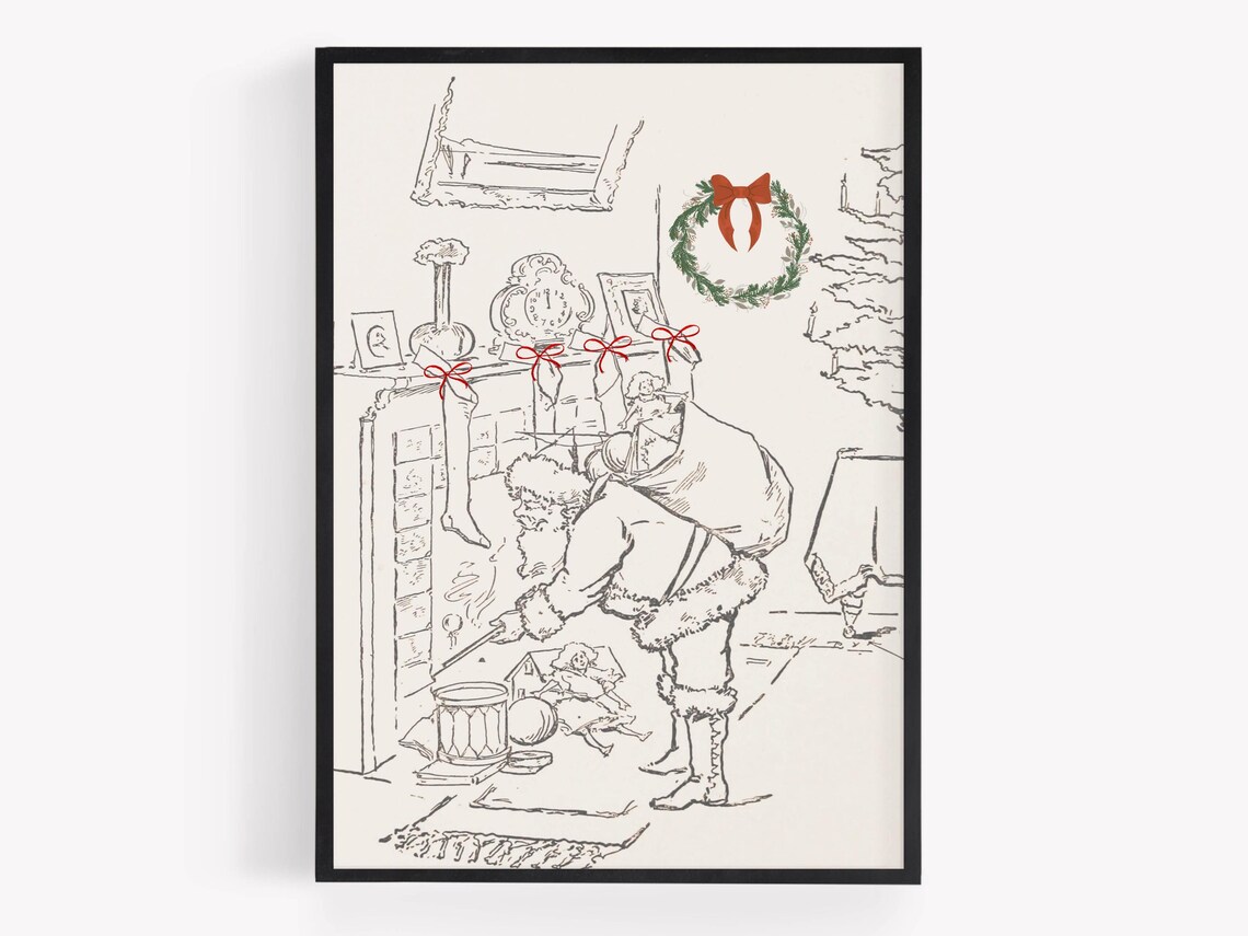 Vintage Santa Claus Sketch Filling Stockings Christmas Poster - Image 4