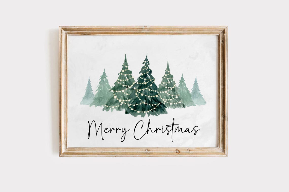 Merry Christmas Watercolor Trees String Lights Holiday Wall Poster - Image 3