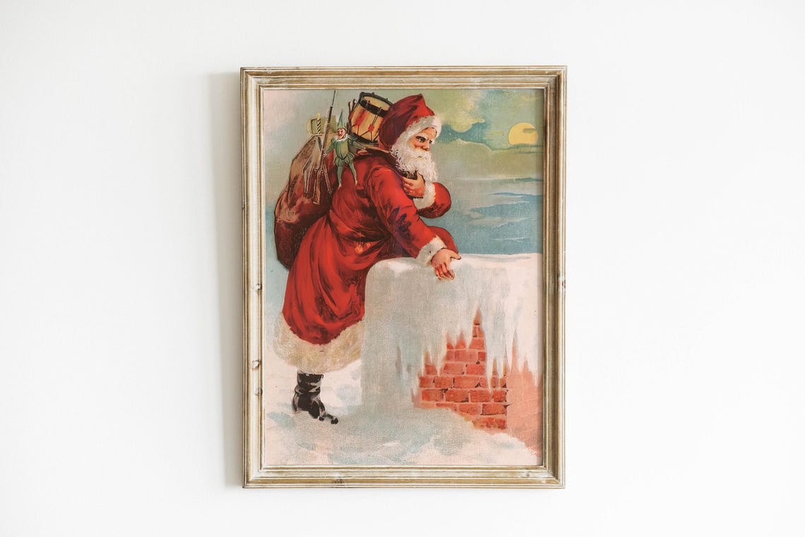 Vintage Santa Climbing Snowy Chimney Victorian Christmas Poster - Image 5