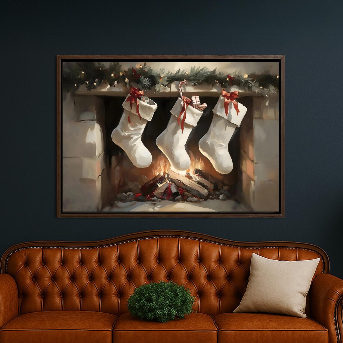 White Christmas Stockings Fireplace Garland Cozy Holiday Poster