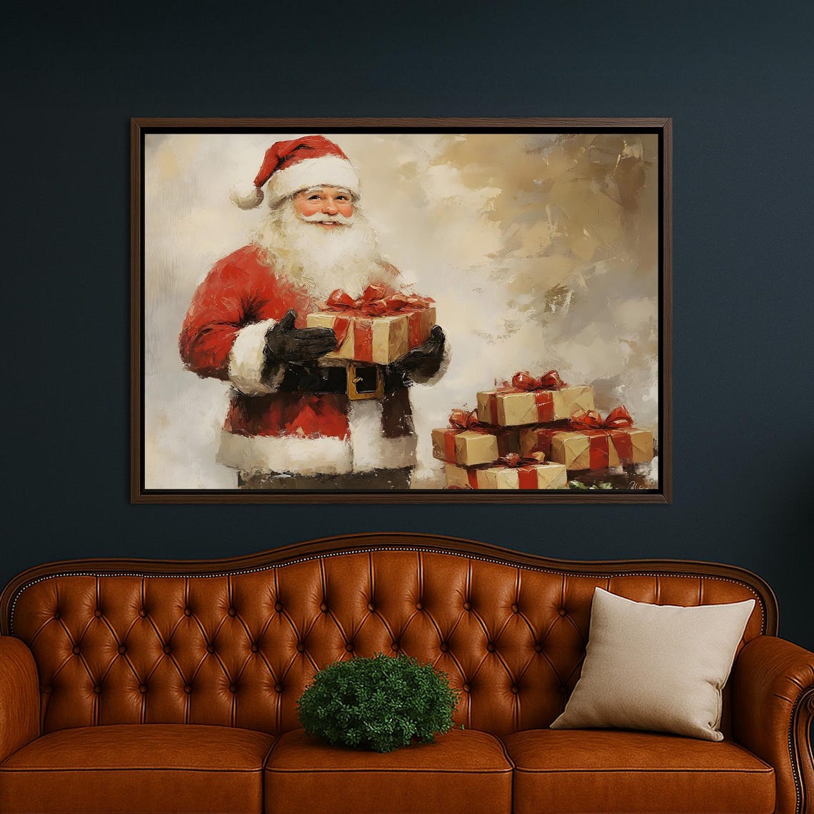 Jolly Santa Holding Gift Beside Stack Of Wrapped Presents Poster