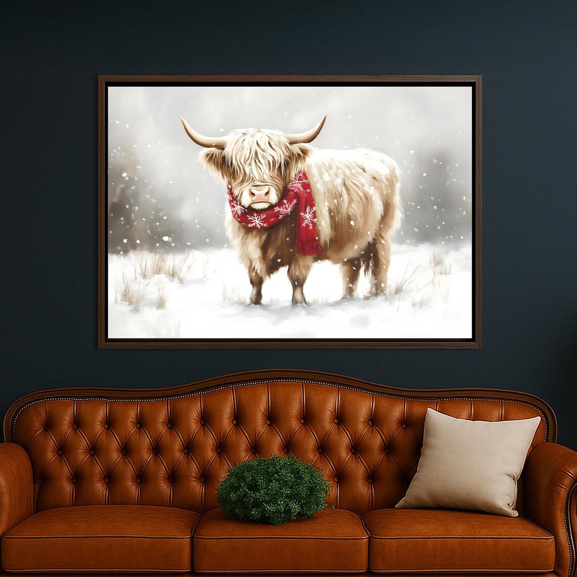Cute Highland Cow Red Scarf Snowy Winter Farmhouse Animal Poster